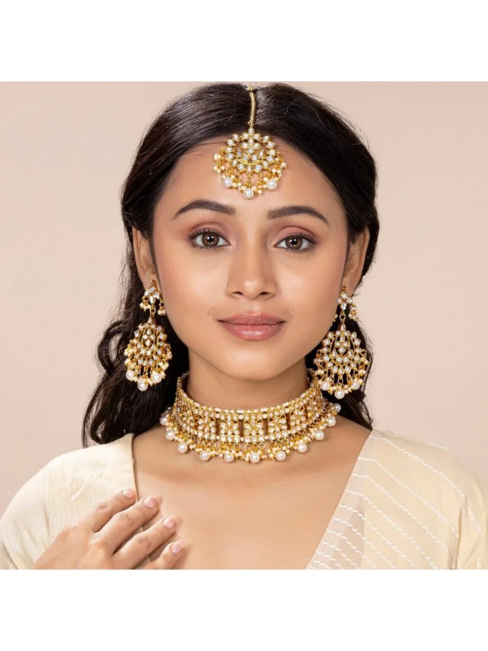 Elegant Indian Faux Kundan Choker Necklace & Maang Tikka Set for Ethnic Weddings